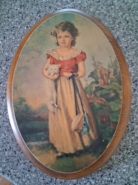VTG "Chums" Wood lithograph, girl holding a kitten, by artist Jane Freeman.